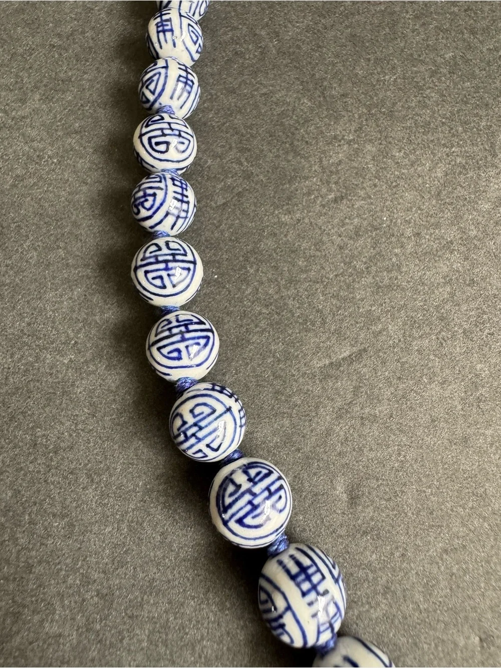 Vintage Chinese Shou Bead Necklace Blue White Porcelain Beaded Longevity 24